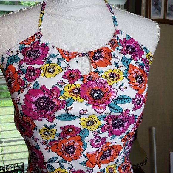 Jones New York Pink Floral 2 Piece Swimsuit Bathing Suit L M Halter High Waist - Picture 3 of 11